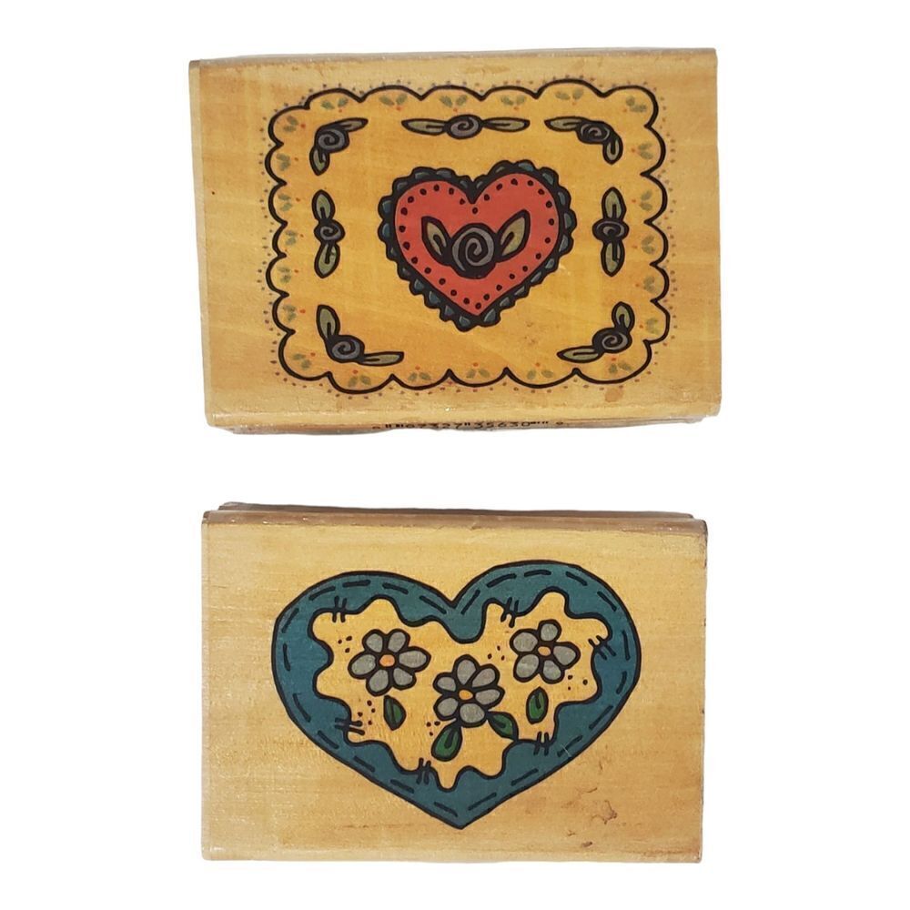 Lot of 2 Westwater Heart Flower Stamps Wood Mounted Rubber Trena Hegdahl Vintage